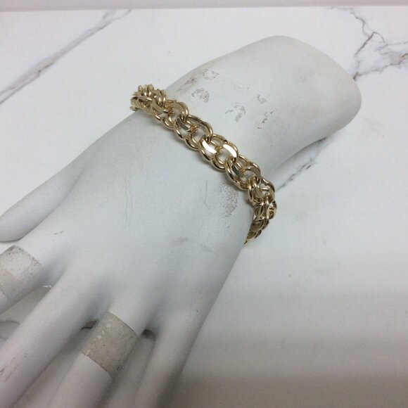 14K Yellow Real Solid Gold 8.8mm double Circle Curb Link Charm Bracelet 8'' 27.5 - Picture 7 of 8